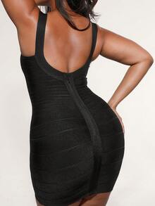Women Bandage Bodycon Cocktail Dress For Wedding Guest Strap Foil Formal Gowns Evening Dress - màu đen - Xem 5