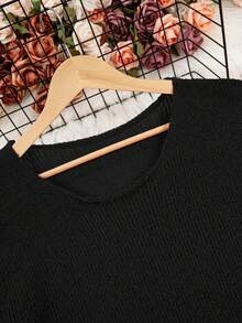 Plus Size Loose Solid Color 3/4 Sleeve Knit Sweater Black - Black - View 6