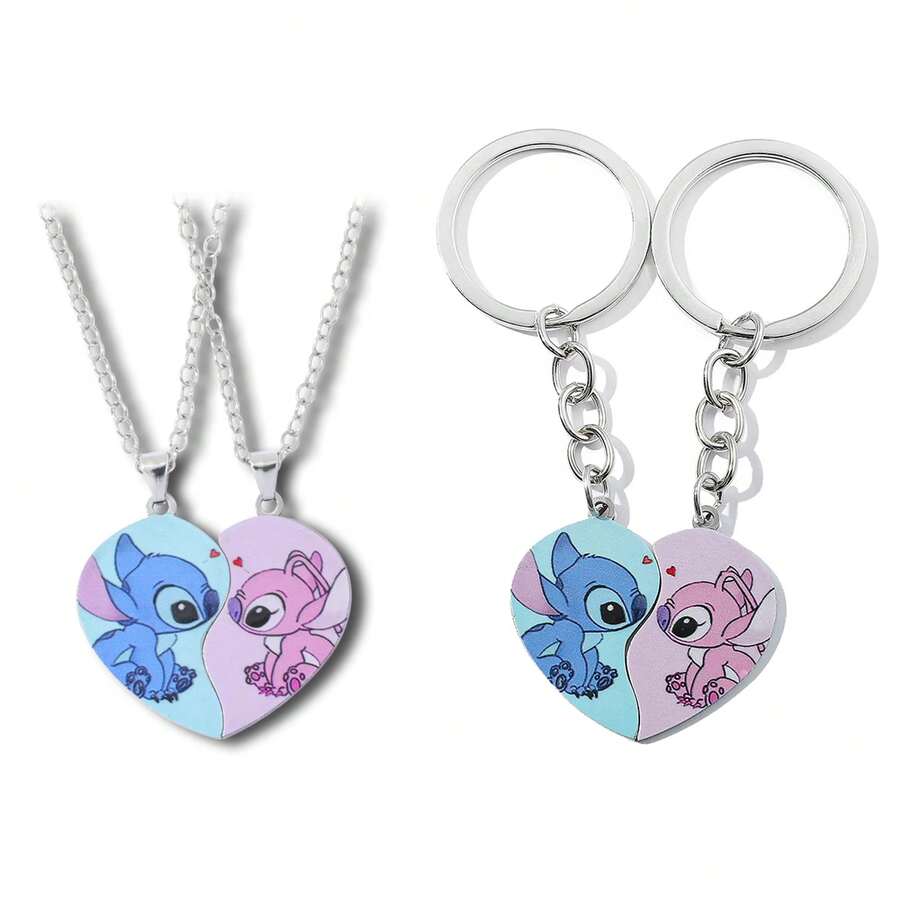 Disney 迪士尼可爱史迪奇和天使情侣钥匙扣套装，心形拼图情侣钥匙扣，适合情侣礼物，迪士尼《星际宝贝》情人节礼物 - 彩色 - 查看 1