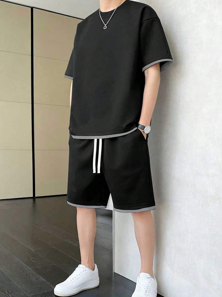 Men's Summer Contrast Color Round Neck Drop Shoulder Loose Casual T-Shirt And Drawstring Waist Shorts Set