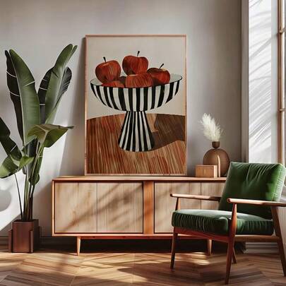 1 pieza Pintura de bodegón de manzanas rojas, póster de decoración de pared de cocina con tazón a rayas, adecuado para oficina, sala de estar, pared de galería, cocina y comedor, sin marco
