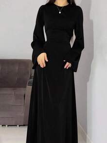 Women's Black Long Sleeve Elegant Modest Maxi Dress Spring Casual Formal Wear - Pink - View 8
