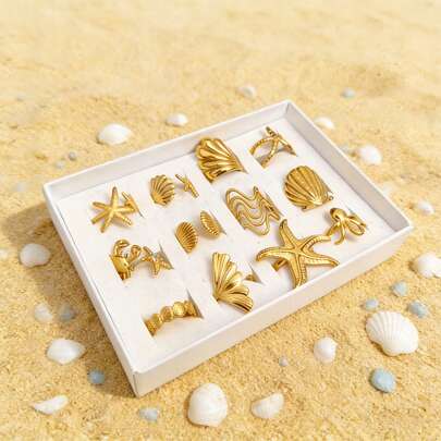 12pcs/Set Summer Ocean & Beach Elements Stainless Steel Adjustable Open Rings, Suitable For Daily, Vacation, Gift, Versatile Accessories For Women