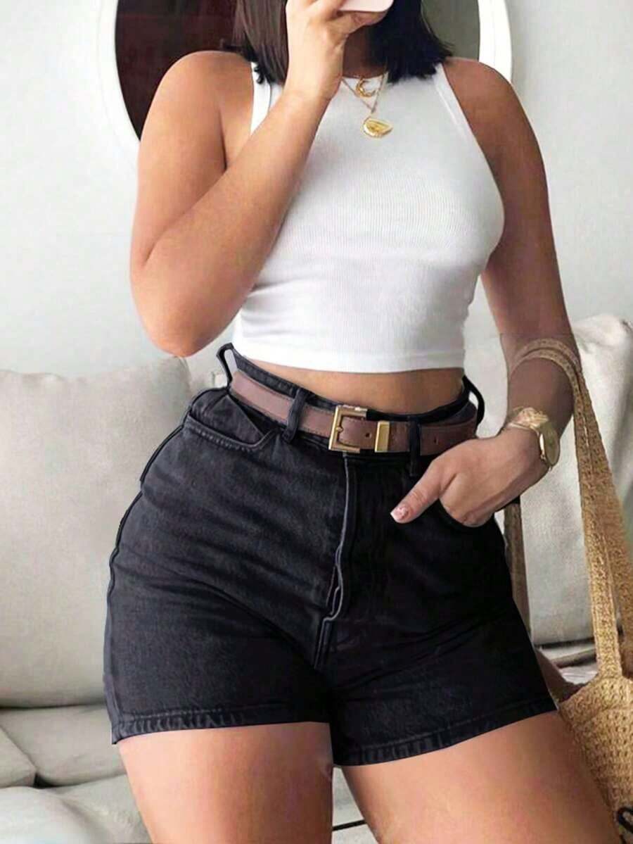 Women's Black Denim Shorts, Straight Leg Style, Button & Pocket Details, Medium Stretch, Bohemian Vibe Casual Summer - 中灰色 - 查看 1