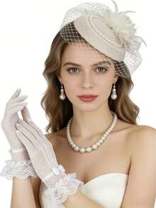 6pcs Vintage Pearl Jewelry Set, Includes Easter Bonnet And Lace Gloves, Women's Retro Afternoon Tea Party Outfit, Bridal Accessories - Multicolor - View 4