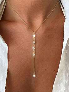 1pc 18K Gold Plated Stainless Steel Y-Shaped Tassel Beaded Long Necklace, Clavicle Chain - Gold - View 1