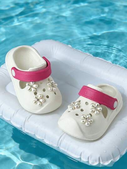 New Kids Girls Floral Decor Slip-On Slippers, Pink & White, Fashion Versatile Elegant Soft Comfortable Indoor Outdoor Wear, Suitable For Spring Summer