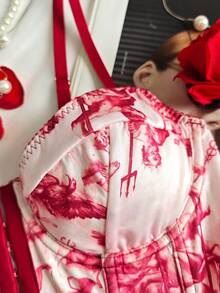 Adjustable Strap Colorful Heart Print Corset Top For Women - Burgundy - View 3