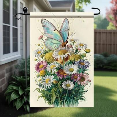 1 lá cờ trang trí sân vườn Starlight Patio mùa xuân hè họa tiết hoa cúc - Hai mặt, hình bướm và hoa rực rỡ, chất liệu polyester bền, lý tưởng cho hiên nhà và trang trí tiệc ngoài trời, kích thước 30.48x45.72 cm, trang trí sân vườn ngoài trời | Thiết kế bướm | Chất liệu polyester bền