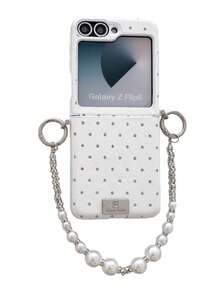 1pc Fashionable And Simple Side Buckle Diamond Shaped Small Fragrant Gemstone Folding Phone Case, Paired With A Same Color Bracelet To Protect And Prevent Falling: SamsungGalaxy Zflip 5/Zflip 6/Zflip 7/Zflip 8/ Razr 50 Ultra/ Razr 60 Ultra/ Razr 70/ Razr 60/ Razr 50/Galaxy Z Flip7 FE/IPhoneUltra - White - View 5