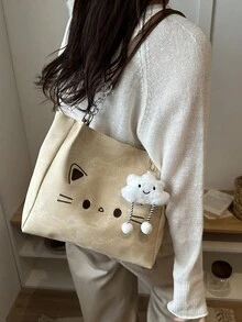 温柔猫脸刺绣帆布包，可爱云朵挂饰，韩版休闲风女士百搭手提包 - 卡其色 - 查看 3
