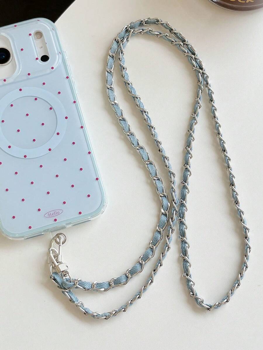 1pc Denim Element Diagonal Crossbody Chain Metal Phone Case Strap Lanyard, Anti-Lost & Lightweight - Cowboy - View 1