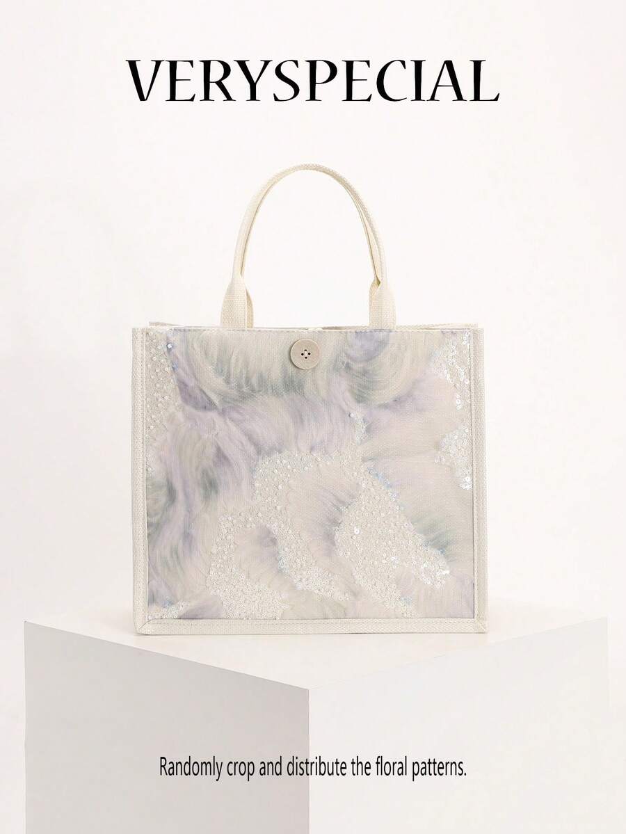 1 chiếc túi tote vải lanh phối lưới và đính sequin nhiều màu sắc, thiết kế thêu hoa lá thời trang, túi đeo vai vuông dung tích lớn, túi mua sắm phong cách thường ngày cho kỳ nghỉ (Họa tiết hoa được phân bố ngẫu nhiên)