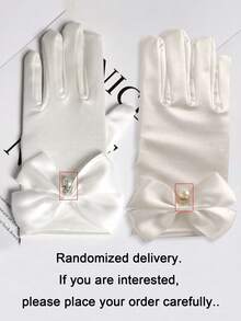 Satin Bridal Gloves With Bow Decor, Elastic Short Mittens Style, Simple Solid White Color, Princess Vibe - Multicolor - View 6