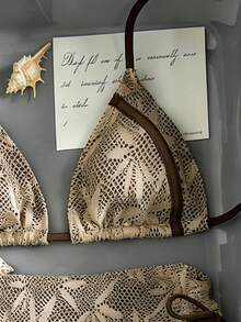 Bộ bikini buộc dây kiểu Bohemian cổ chữ V, họa tiết lá phong, chất liệu vải móc, thích hợp cho kỳ nghỉ hè. - màu nâu - Xem 3