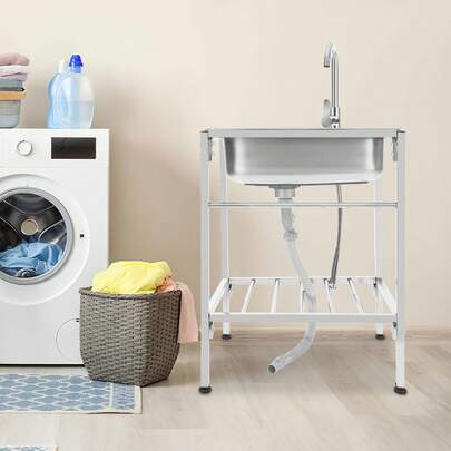 Stainless Steel Sink With Basket, Single Bowl Commercial Sink, Free Standing Cold & Hot Faucet Sink