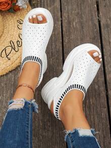 Damen Offene Zehen Gewebte Keilsandalen, Schnür-Absatz-Plateau-Sneaker mit atmungsaktivem Mesh, Keilabsatz mit dicker Sohle, bequeme Schuhe, lässiger Street-Style für den täglichen Sommertrag - Weiss - Übersicht 5