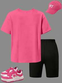 2pcs/Set Teen Fashion Graphic Print Short Sleeve T-Shirt And Pants Set. Featuring Letter Pattern Design. Perfect Summer Gift Choice, Suitable For School, Picnic, Spring/Summer Season, Travel And Party Occasions. - Hot Pink - View 3