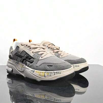 男士交叉拼接加厚鞋底运动鞋，灰色绒面网布复古街头风，休闲校园运动鞋