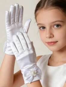 Găng tay ngắn năm ngón cho trẻ em, màu trắng/hồng/be, chất liệu vải satin với thiết kế nơ dễ thương. - Nhiều màu - Xem 3