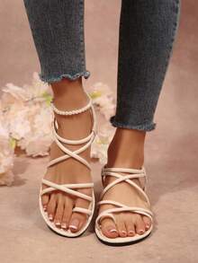 New Versatile Criss-Cross Strap Flat Sandals, Summer Roman Style Slip-On Sandals, Gentle Goddess Vibe - Beige - View 5