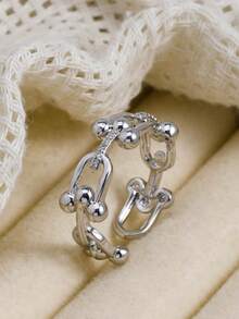 1 Set de joyería de metal con cadena en forma de U estilo retro de lujo, pulsera abierta y anillo con exquisitos rhinestones, adecuado para uso diario y como regalo para mujeres - Plateado - Ver 10