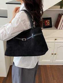 1 chiếc túi xách nữ kiểu dáng retro, chất liệu giả da lộn, màu trơn, có khóa nam châm, thích hợp cho những buổi đi chơi và đi làm vào mùa xuân/hè. - màu đen - Xem 5