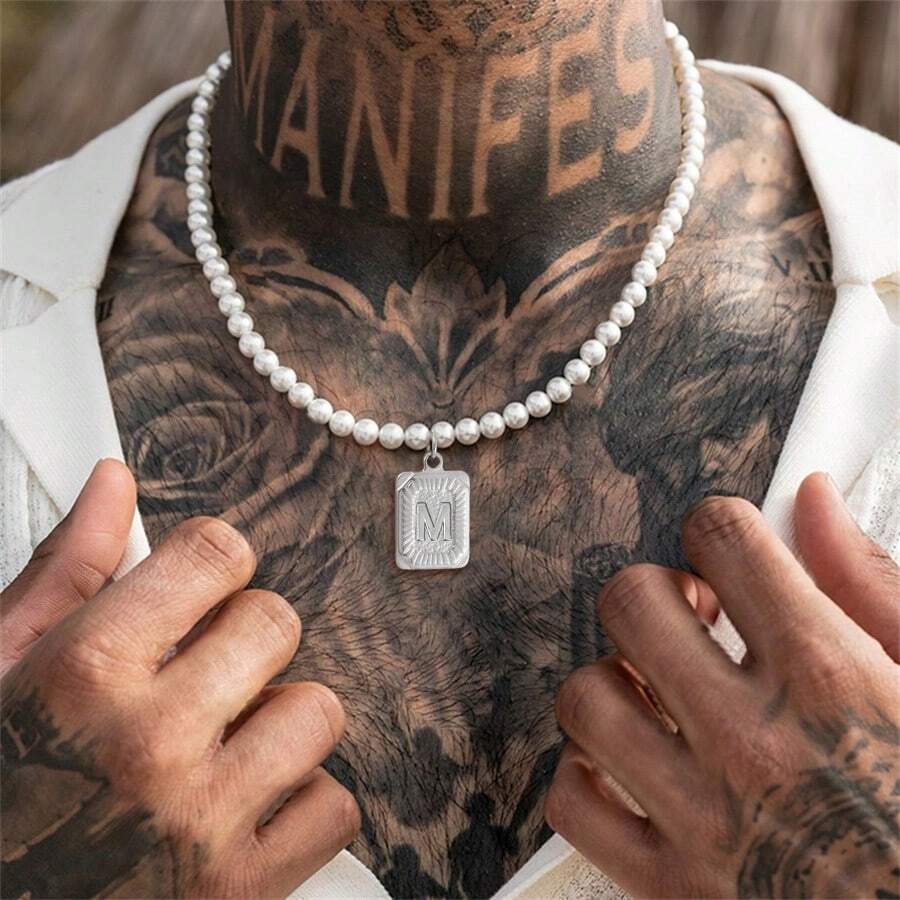 1件不鏽鋼26字母吊墜6mm仿珍珠男士項鍊,適合派對穿著 - 白色 - 查看 1