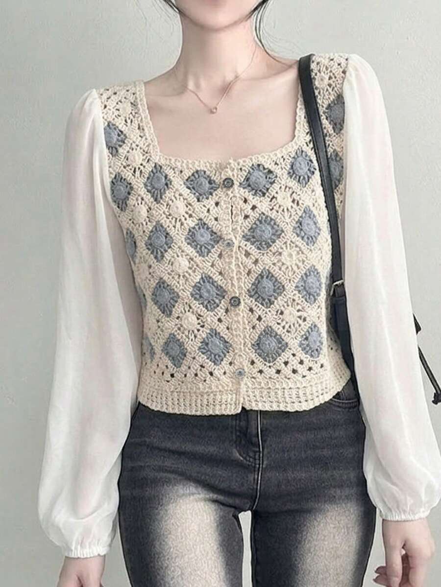 New Arrival Summer Casual Colorblock Crochet Patchwork Long Sleeve Cropped Shirt