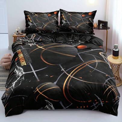 Juego de ropa de cama con estampado 3D de baloncesto en negro y dorado, con base negra, grano metálico dorado, silueta de aro de baloncesto y texto del torneo de baloncesto. Juego de ropa de cama de lujo para deportes, 2/3 piezas (Tamaño 135x200 solo 1 funda de almohada)