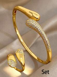Ensemble de bracelet, bague et jonc plaqué or 18 carats, bijoux vintage pour femmes, convient pour la Saint-Valentin, les fêtes, le soir, le port quotidien, le Nouvel An, le mariage, la plage, Noël, l'anniversaire, la Fête des Mères, cadeau de demoiselle d'honneur de style bohème - Multicolore - Voir 12