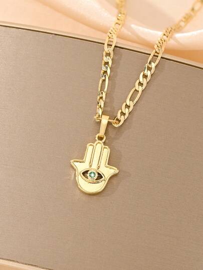  Collar chapado en oro de 14K de cobre, con diseño de mano protectora y ojo malvado de doble elemento, que significa proteger al usuario y traer buena suerte, accesorio de moda de estilo religioso unisex, joyería ideal para uso diario