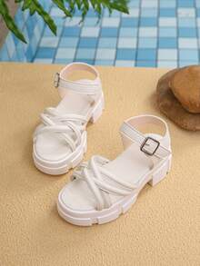 1双新款夏季儿童白色编织交叉厚底凉鞋，女童简约休闲金属扣露趾拖鞋，幼儿软底防滑透气日常穿着及户外鞋 - 米色 - 查看 5