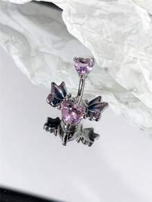 1件心形粉色水钻蝴蝶肚脐环，不锈钢杆，高品质女士身体饰品，甜美朋克风，Y2K风格配饰 - 粉色 - 查看 1