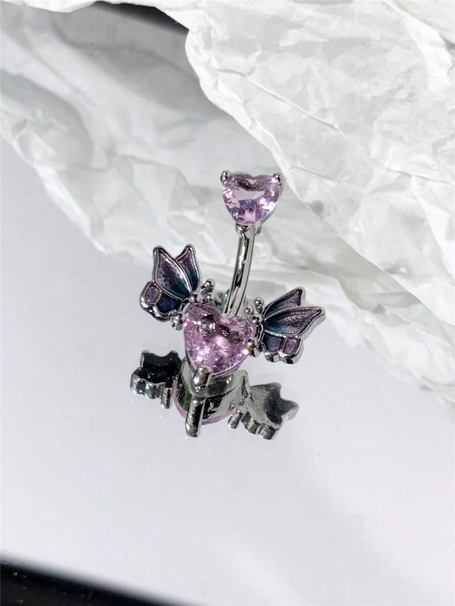 1件心形粉色水钻蝴蝶肚脐环，不锈钢杆，高品质女士身体饰品，甜美朋克风，Y2K风格配饰 - 粉色 - 查看 1