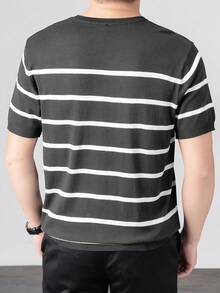 Men's Short Sleeve Knit Contrast Striped Sweater, Retro Lightweight Pullover Knit Top T-Shirt, Casual Commuter Wear For Summer - Dark Grey - View 3