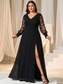 Đầm dạ hội dài tay xẻ cao, màu đen thêu họa tiết, chất liệu chiffon, cỡ lớn, thanh lịch, thích hợp cho tiệc cưới mùa đông xuân. - màu đen - Xem 8