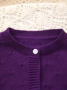 Baby Girl Knitted Round Neck Perforated Solid Color Cardigan - Purple - View 2