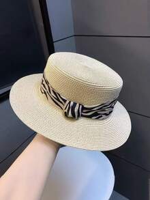 1pc Women's Wide Brim Flat Top Hat, Black Woven Band Fashion Straw Hat, Beach Hat,Summer - Hat - View 3