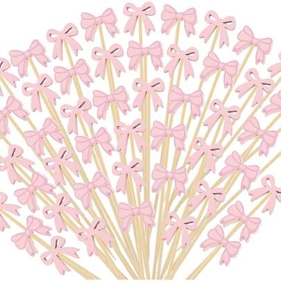 3/20/50/100/200pcs Pink Bow Fruit Picks, Party Decoration Skewers, Appetizer Forks, Dessert Sticks, Hollow Design, 2 Styles Of Bow Mixes, Suitable For Birthday Party, Wedding, Mother's Day, Women's Gift, Afternoon Tea