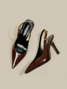 Damen Braune Lackleder Spitze Kitten Heel Pumps, elegante formelle Kleiderschuhe mit Schnallenverschluss, geschlossene Zehe High Heels für Partys - Kaffeebraun - Übersicht 2