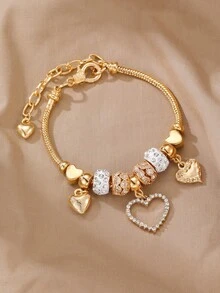 1 chiếc vòng tay trang trí hình trái tim vàng và hạt cườm dành cho bé gái, thích hợp để đeo hàng ngày. - Vàng - Xem 3
