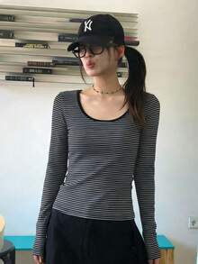 Áo thun dài tay cổ tròn dáng ôm, phối sọc tương phản, đa năng, thích hợp mặc hàng ngày, màu đen casual mùa xuân/hè. - màu đen - Xem 2