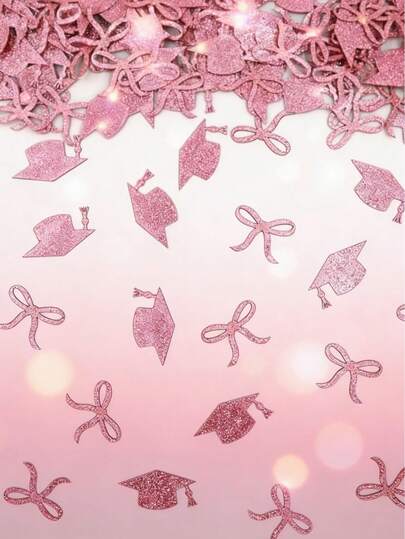 100pcs 2026 Graduation Party Pink Glitter Hats Decorative Ribbons, Suitable For 2026 Graduation Party Decorations, Pink Bow Graduation Decorations, 2026 Graduation Rainbow Confetti, Pink Graduation Party Decorations, Diploma Certificate Desktop Decor, Graduation Desktop Decor