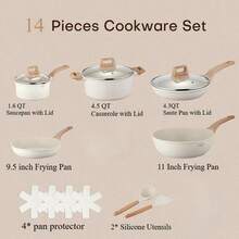 Bộ nồi chảo chống dính 14 món, phù hợp với bếp từ và nhiều loại bếp khác. Bộ sản phẩm bao gồm chảo rán, nồi nấu canh, nắp đậy và các dụng cụ nhà bếp khác, dễ vệ sinh và nhẹ. - Nhiều màu - Xem 2