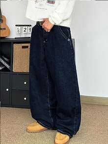 Jeans holgados y sueltos con bordado en inglés en el bolsillo trasero para adolescentes y jóvenes - Azul - Ver 4
