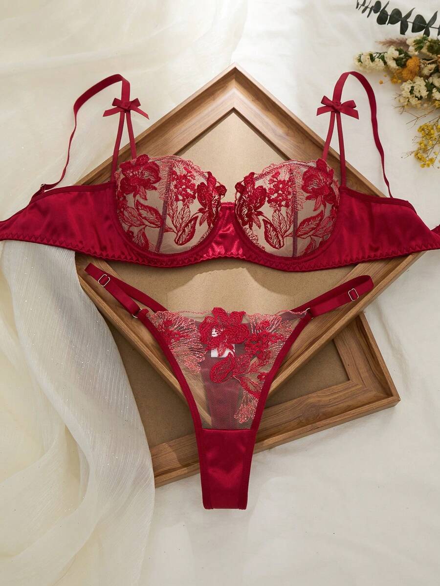 女士红色花卉刺绣薄纱文胸套装，缎面蝴蝶结肩带钢圈内衣两件套 - 酒紅色 - 查看 1