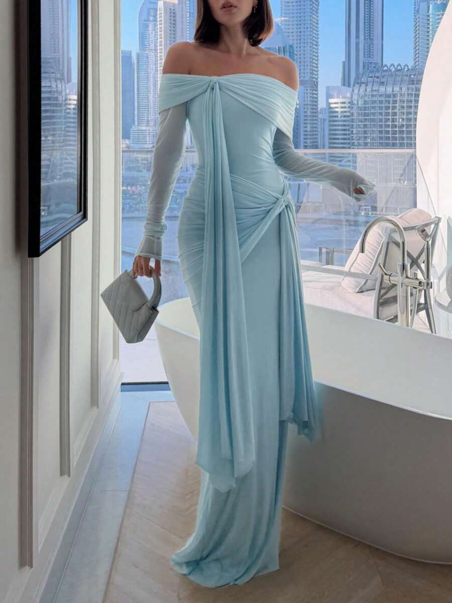 DOUCIU Transparent Sleeve Off-Shoulder Bow Mermaid Hem Fitted Dress, Elegant For Party, Birthday And Other Occasions - Blue - View 1
