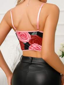 Adjustable Strap Rose Print Waist Cincher Top For Women - Pink - View 7