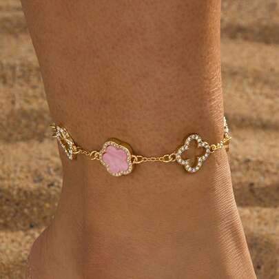 1pc Classic Elegant Luxurious Sparkling French Retro Sweet Pink Clover Hollow Four-Leaf Clover Anklet For Women